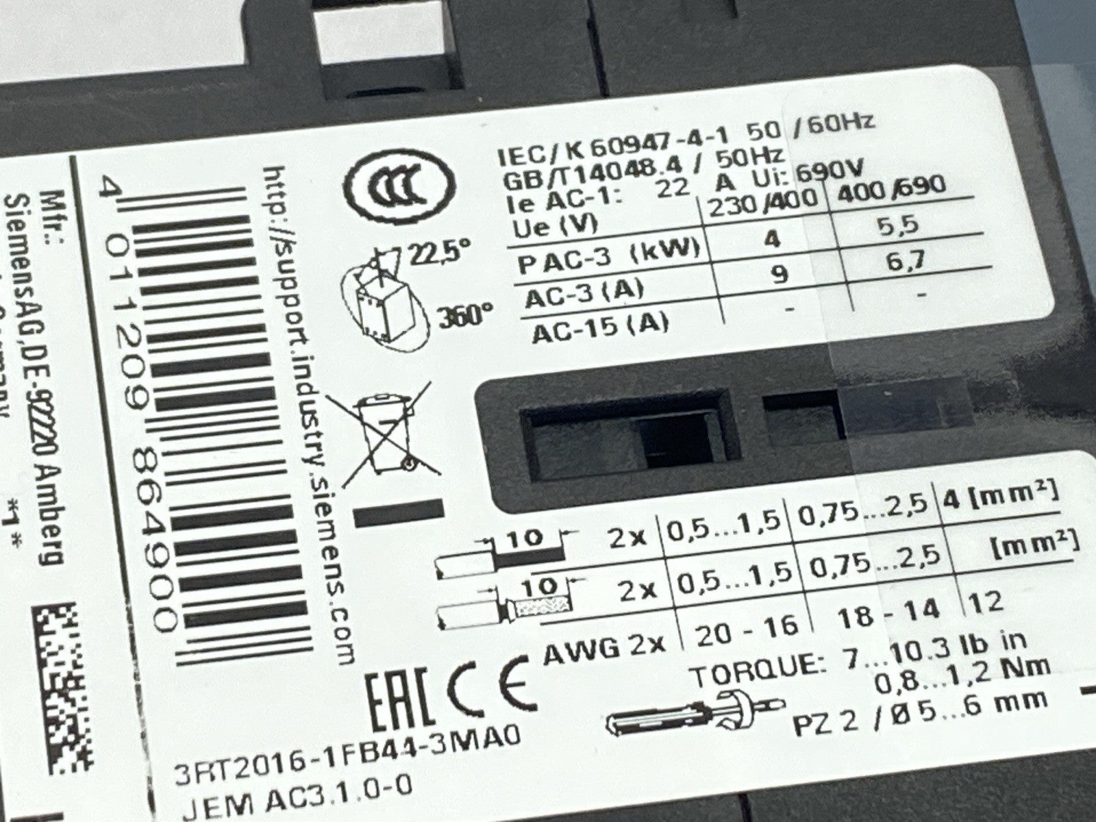 Siemens 3RT2016-1FB44-3MA0 Power Contactor 2NO 2NC 3-Pole 9A 4kW 24VDC - Maverick Industrial Sales
