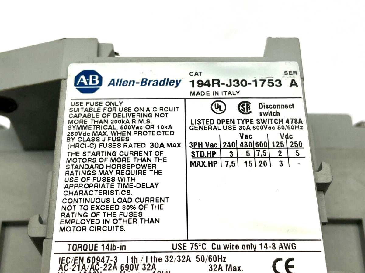 194R-J30-1753 | Allen Bradley Ser. A Disconnect Switch Fused 30A 600VAC 250VDC - Maverick Industrial Sales