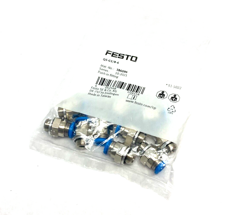 Festo QS-G1/8-6 Push-In Fitting Male Thread 6mm OD Tube 186096 PKG OF 10 - Maverick Industrial Sales