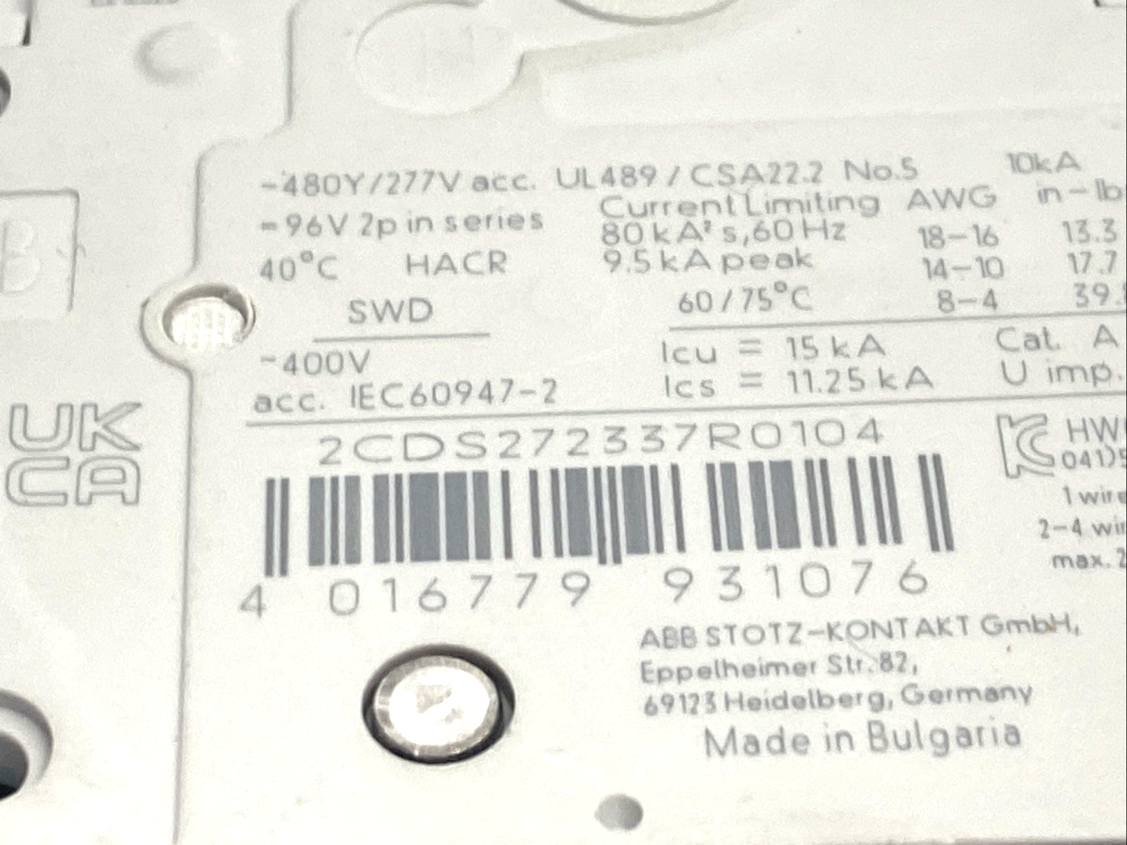 2CDS272337R0104 | ABB SU202M-C10 Miniature Circuit Breaker, 2-Pole 10A 480Y/277V, - Used - Maverick Industrial Sales