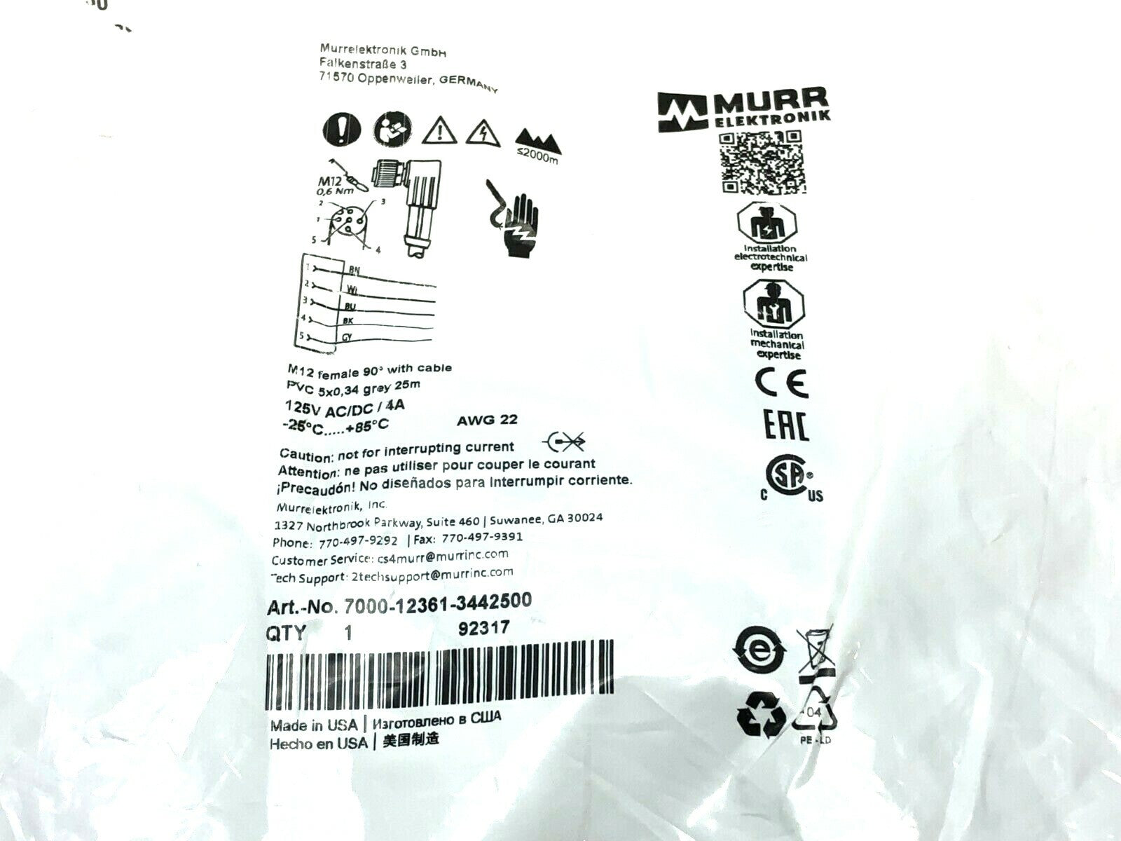 7000-12361-3442500 | Murr Elektronik PVC Cordset 5X0.34 Gray 25m M12 Female - New - Maverick Industrial Sales