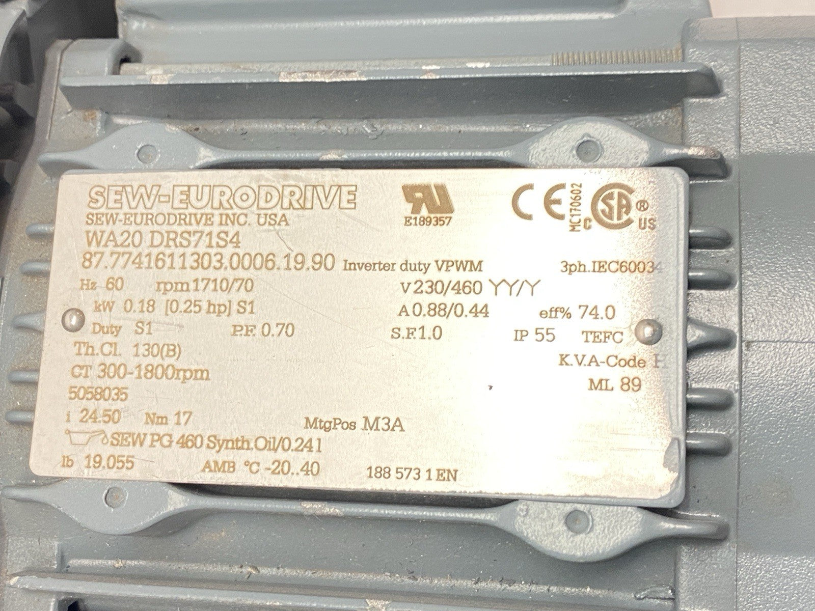 SEW WA20DRS71S4 Gearmotor 1710/70RPM 230/460V 0.25HP w/ Flexlink XLEB 0A65MNRP - Maverick Industrial Sales