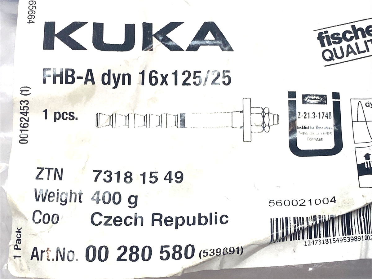 00 280 580 | KUKA FHB-A Dyn 16x125/25 Steel Anchor Kit - New – Open box - Maverick Industrial Sales