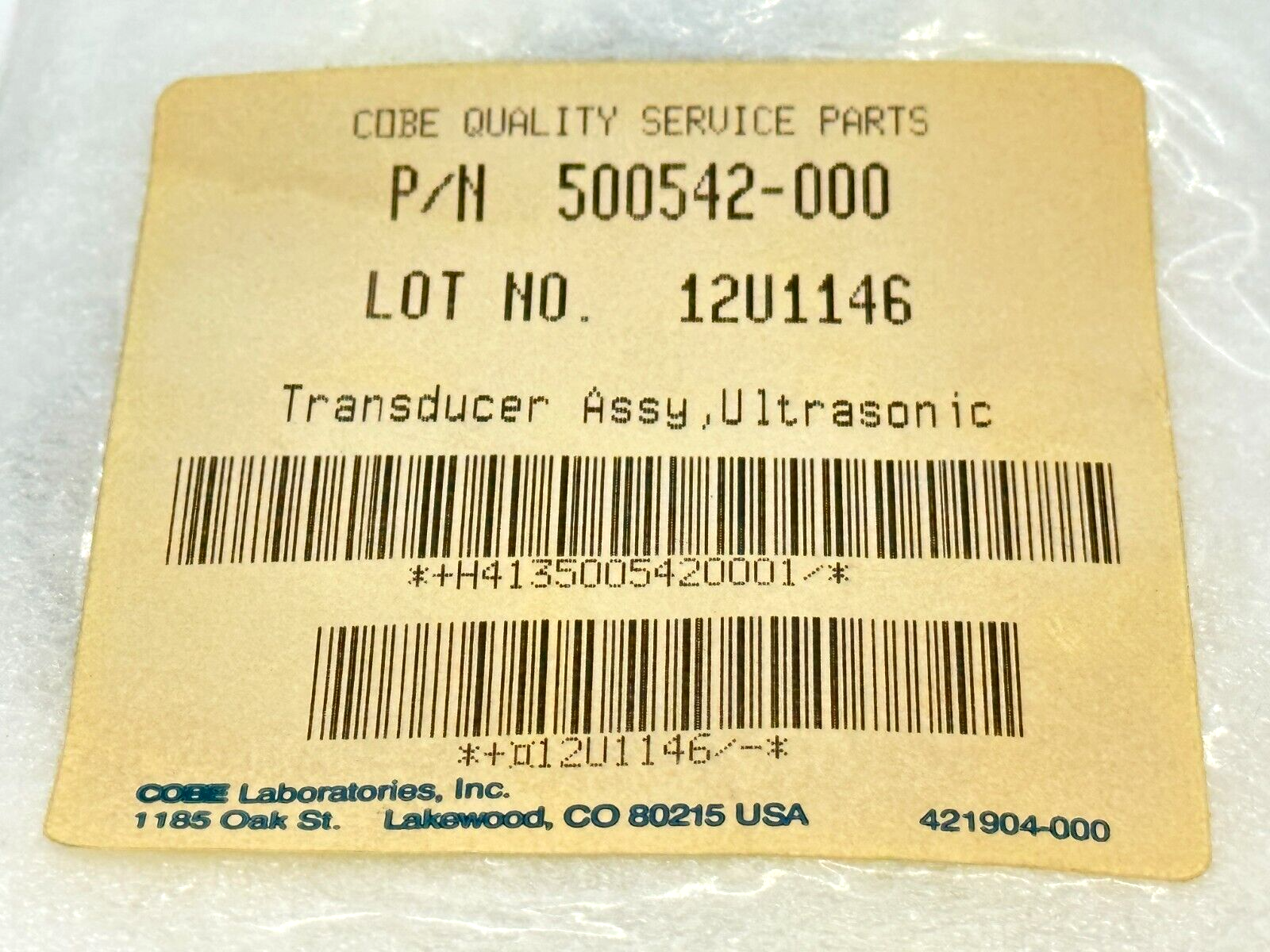 Cobe 500542-000 Ultrasonic Transducer Assy - Maverick Industrial Sales
