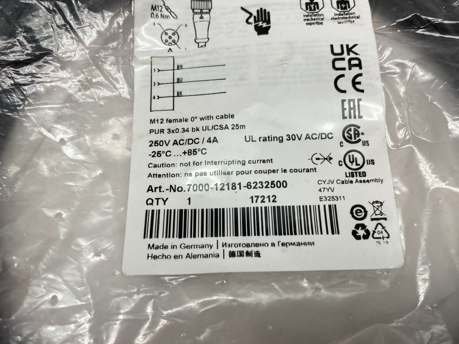 Murrelektronik 7000-12181-6232500 Single Ended M12 female 0° A-cod. Cordset - Maverick Industrial Sales