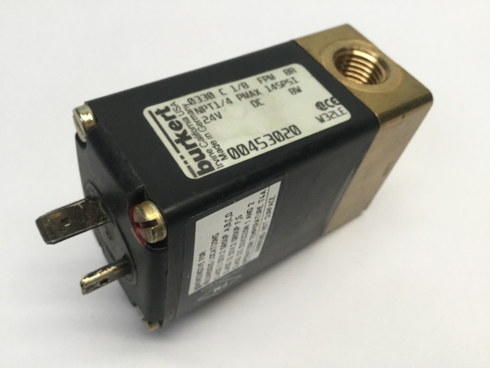0330 C 1/8 FKM BR | Burkert 0330 C 1/8 FPM BR Solenoid Valve NPT1/4 PMAX 145 PSI - Used - Maverick Industrial Sales