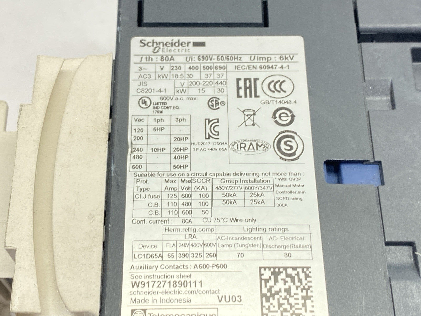 Schneider Electric LC1D65A Thermal Overload Contactor 3-Pole 65A w/ LADN20 - Maverick Industrial Sales