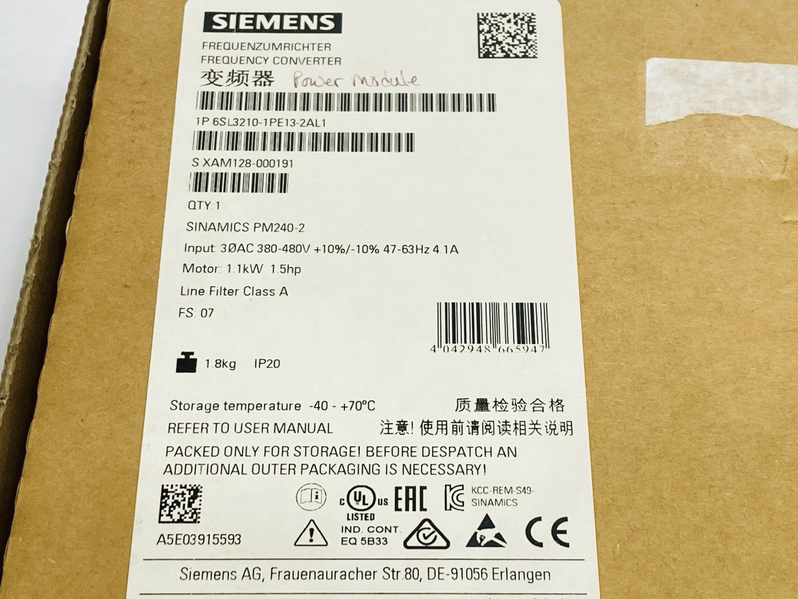 Siemens 6SL3210-1PE13-2AL1 SINAMICS Frequency Converter 1.1kW 1.5HP PM240-2 - Maverick Industrial Sales