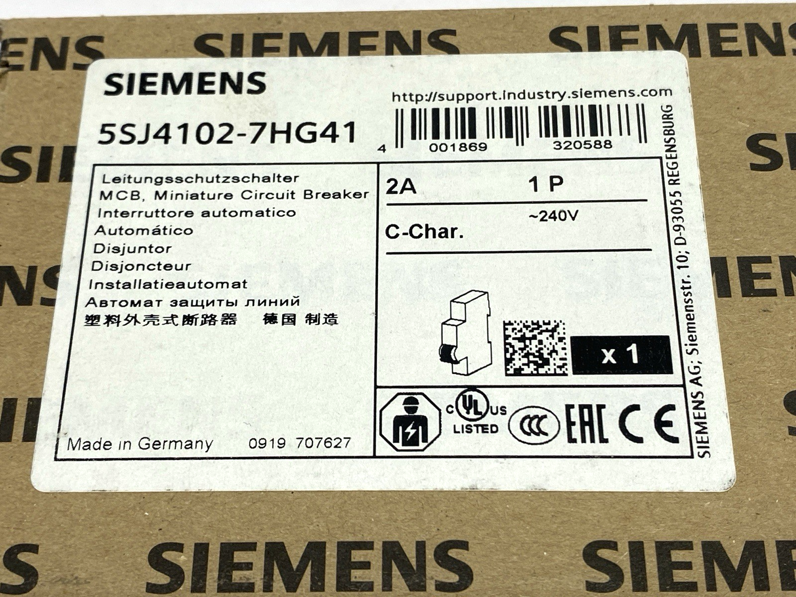 Siemens 5SJ4110-7HG41 Miniature Circuit Breaker 1-Pole 240V 10A - Maverick Industrial Sales