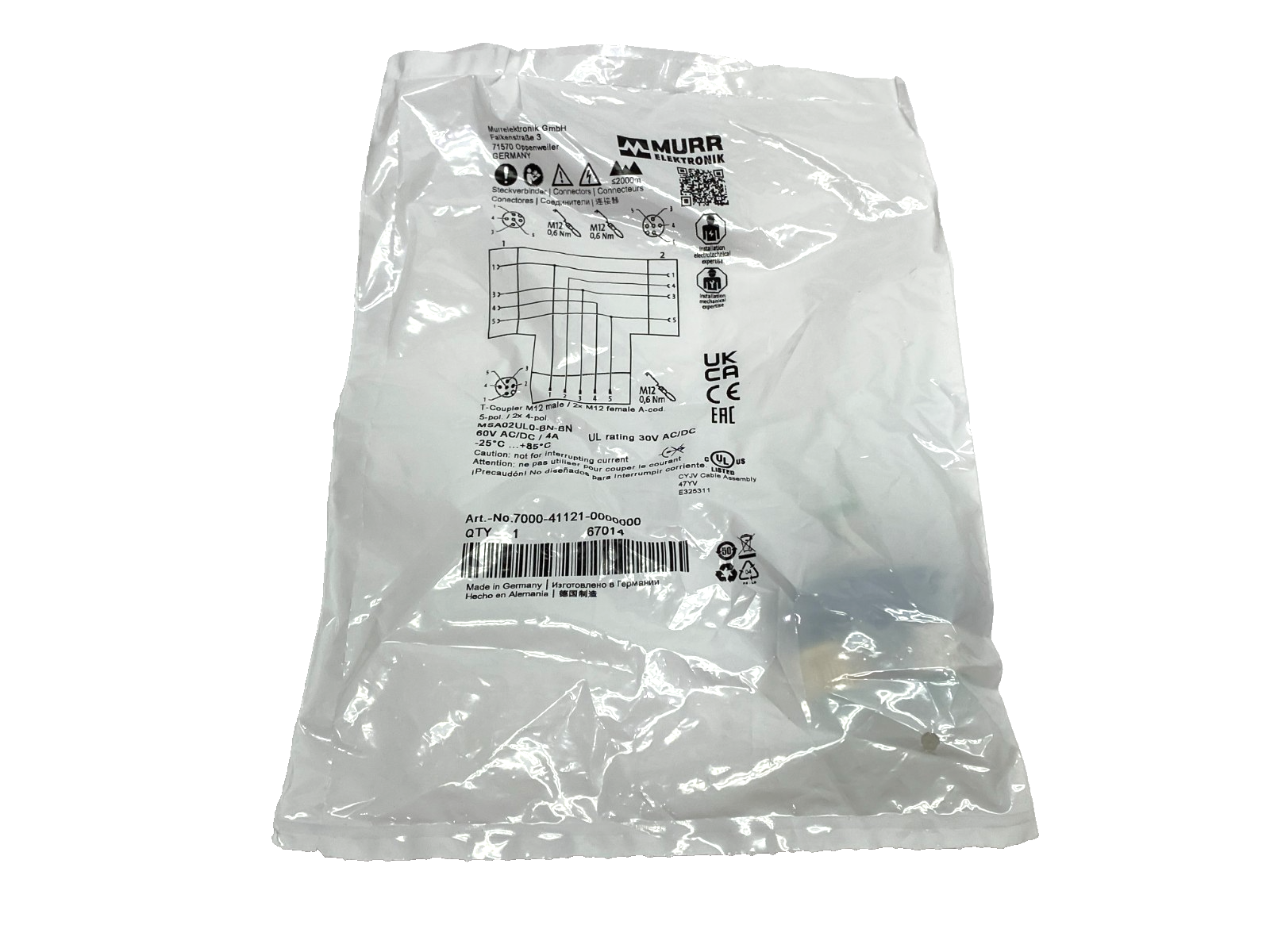 7000-41121-0000000 | Murr Elektronik T-Coupler M12 Male/ 2x Female A-cod. - New - Maverick Industrial Sales