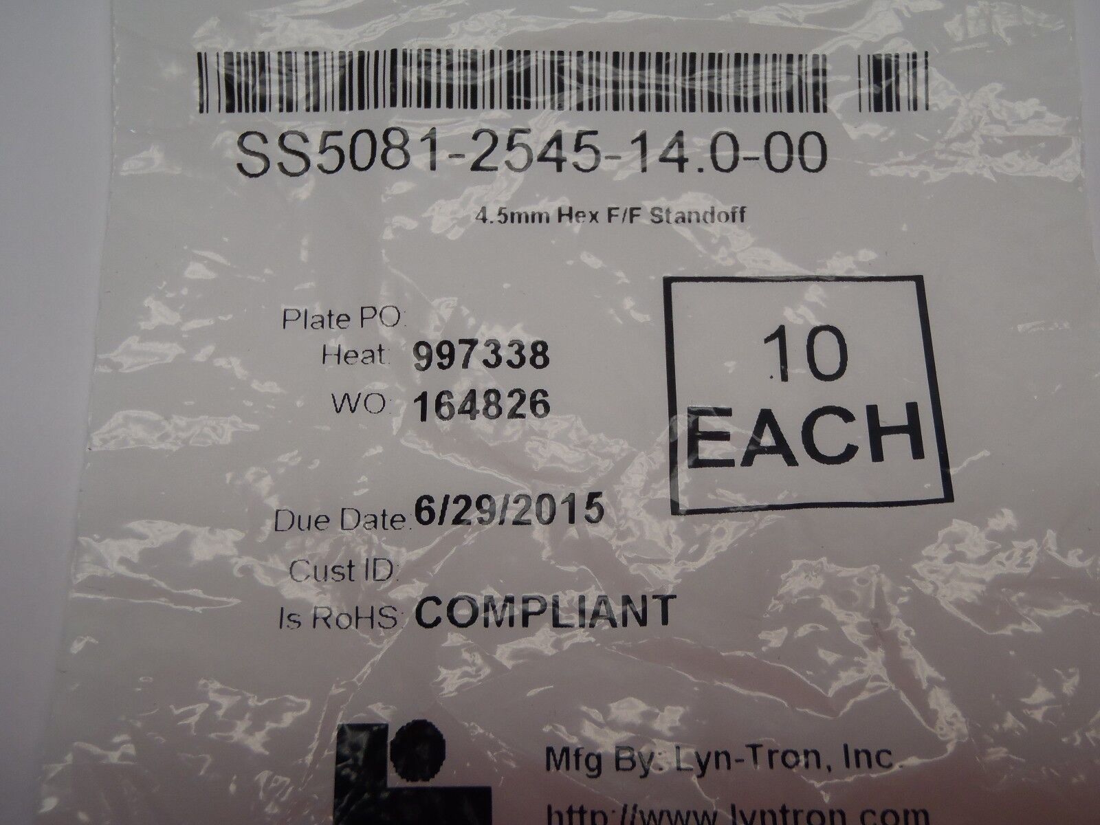 Lyn-Tron SS5081-2545-14.0-00 4.5mm Hex F/F Standoff LOT OF 10 - Maverick Industrial Sales