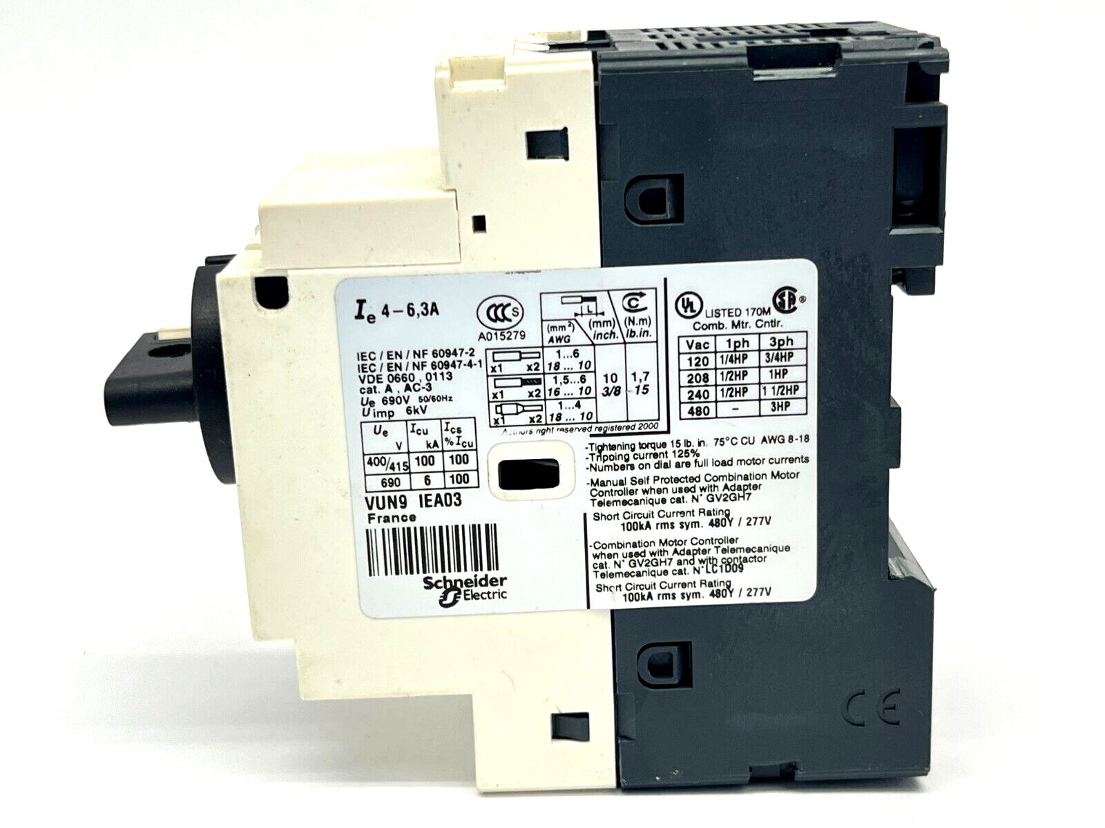 Telemecanique GV2-P10H7 Manual Starter 4-6.3A w/ GVAN11 Auxiliary Block - Maverick Industrial Sales