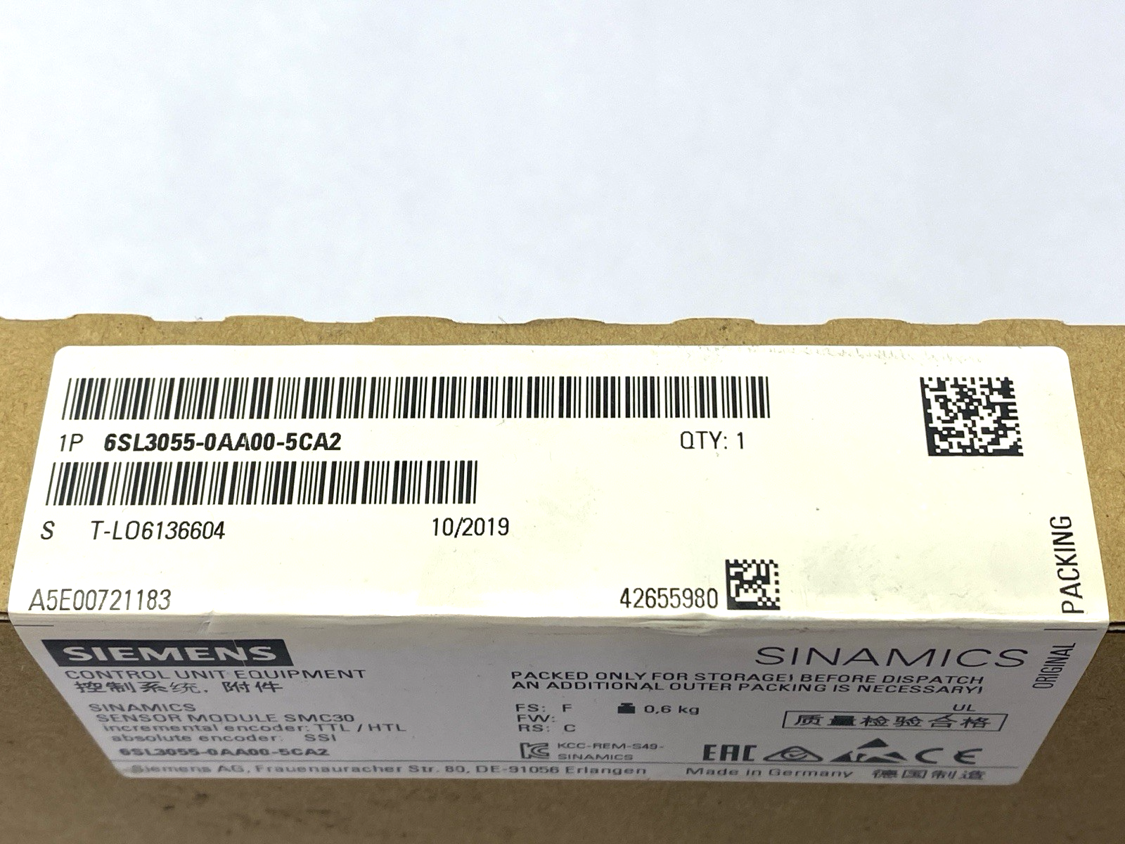 Siemens 6SL3055-0AA00-5CA2 SINAMICS Sensor Module SMC30 Control Unit - Maverick Industrial Sales