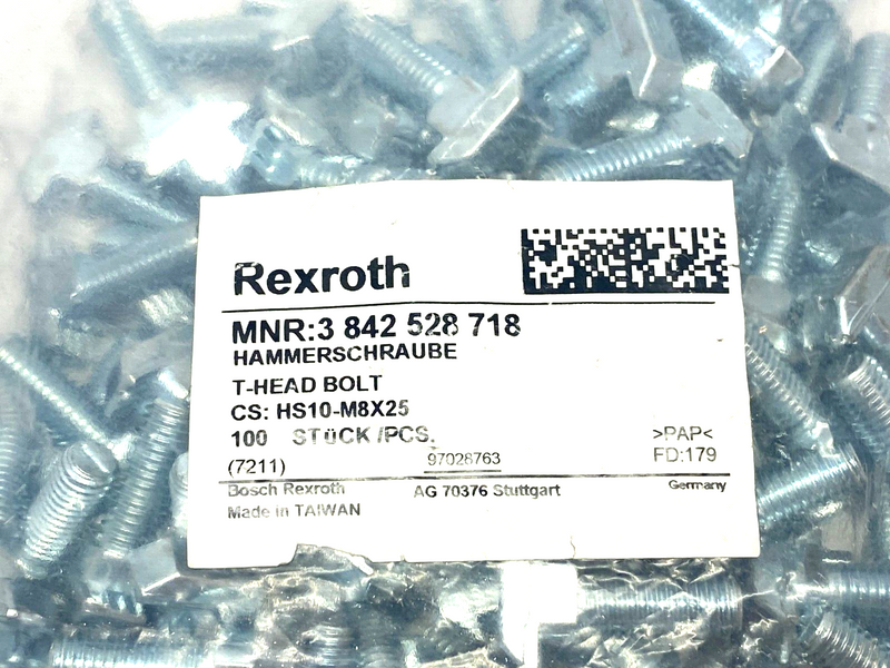 Bosch Rexroth 3842528718 T-Head Bolt CS: HS10-M8x25 PKG OF 100 - Maverick Industrial Sales