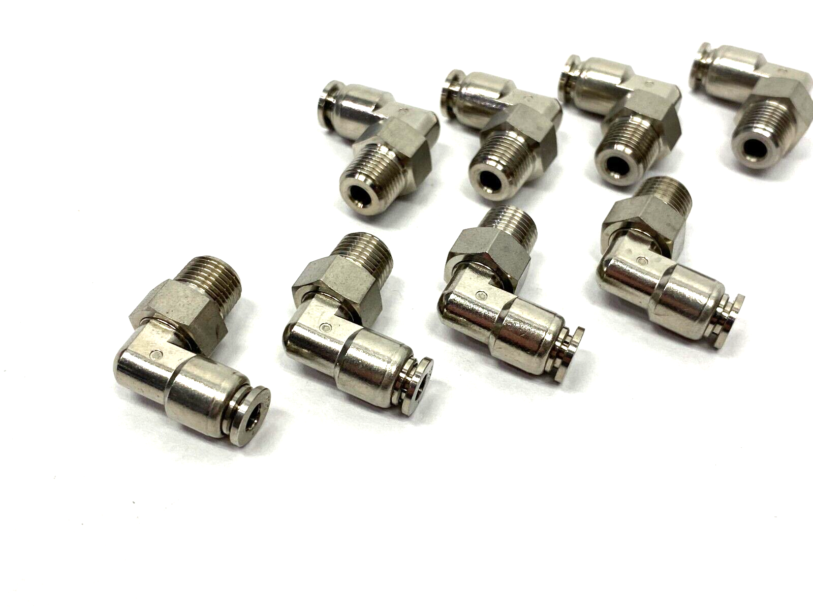 Stainless Steel Swivel Snap-Connect Elbow Fitting 4mm OD 1/8" Thread LOT OF 8 - Maverick Industrial Sales