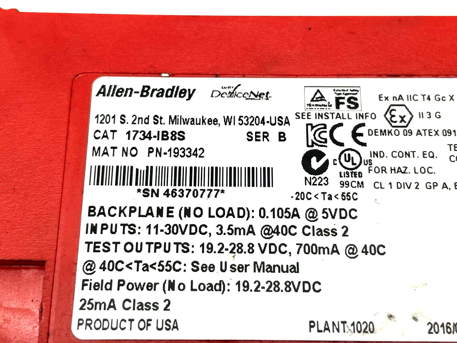 Allen Bradley 1734-IB8S Ser. B I/O Module Safety 8 Point Input - Maverick Industrial Sales