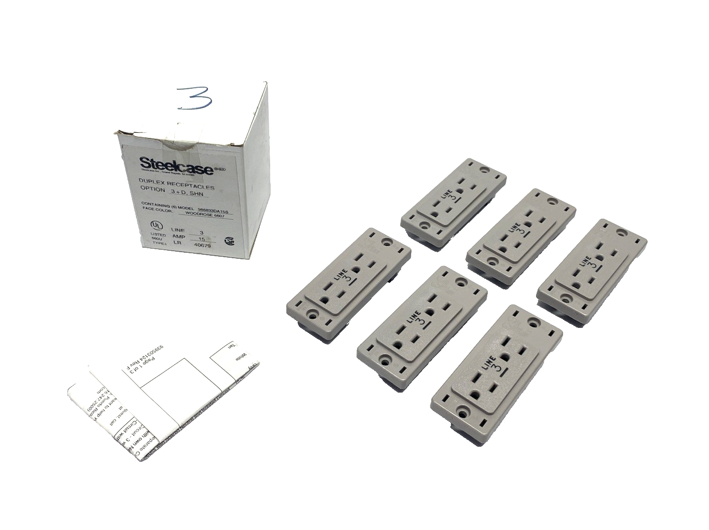 986833DA15S,6608 | Steelcase 986833DA15S Line 3 Duplex Receptacles 3+D, SHN, Woodrose 6607 6-PK - New – Open box - Maverick Industrial Sales