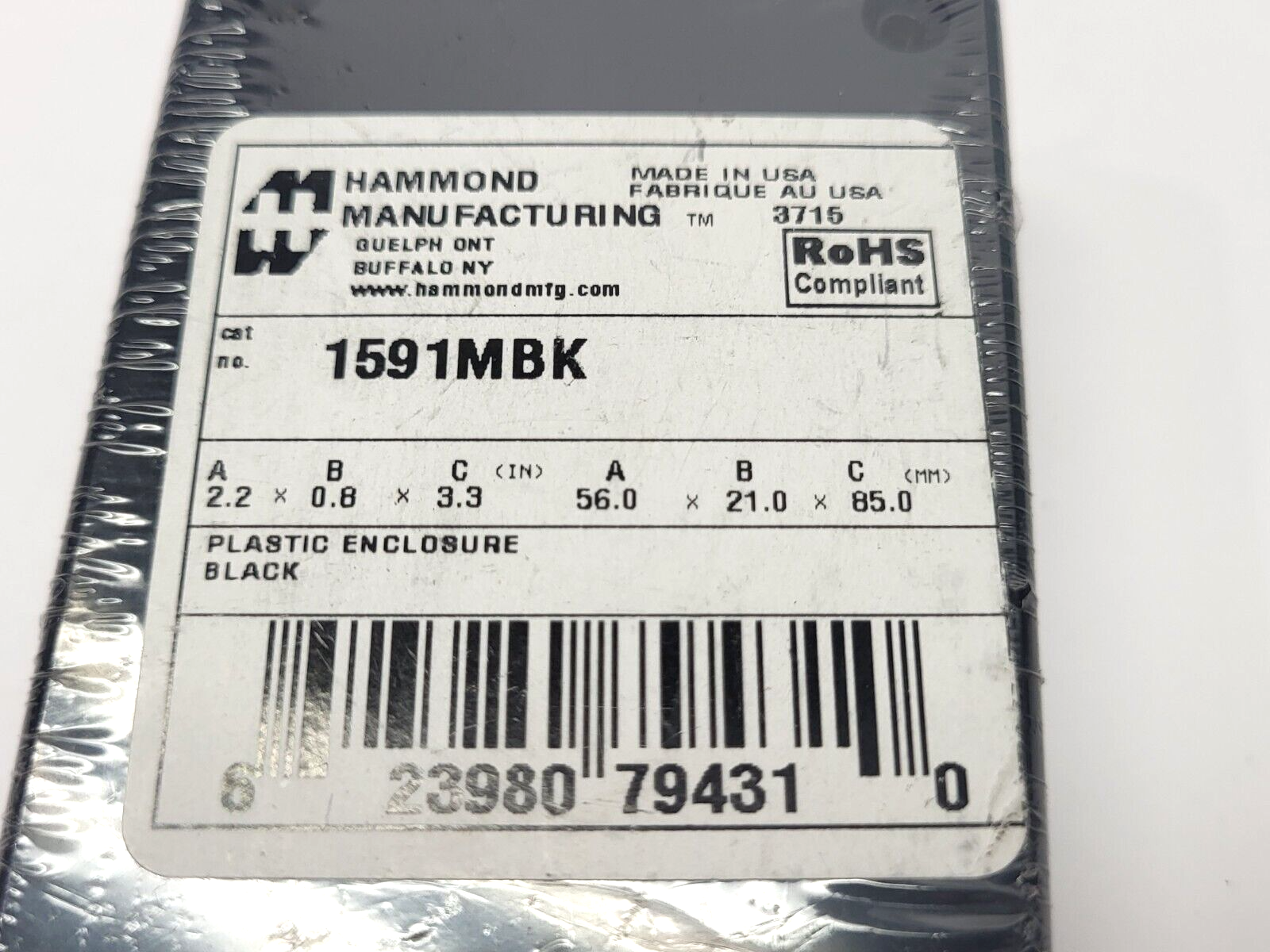 1591MBK | Hammond Manufacturing Plastic Enclosure 2.2" x .8" x 3.3" - New - Maverick Industrial Sales