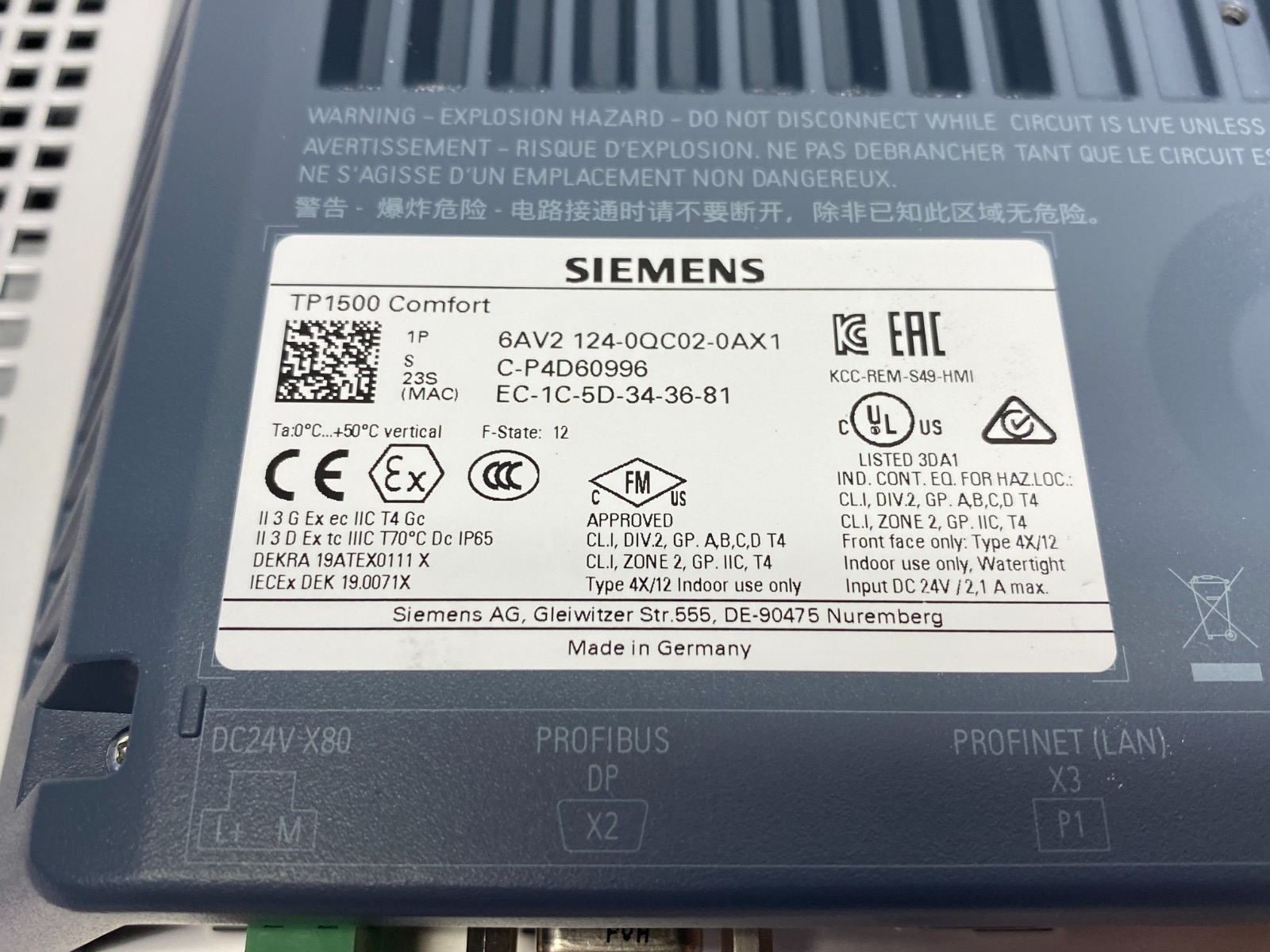 6AV2 124-0QC02-0AX1, 6AV2124-0QC02-0AX1 | Siemens 6AV2124-0QC02-0AX1 TP1500 Comfort Touch Display Panel HMI 331mm x 207mm - Used - Maverick Industrial Sales