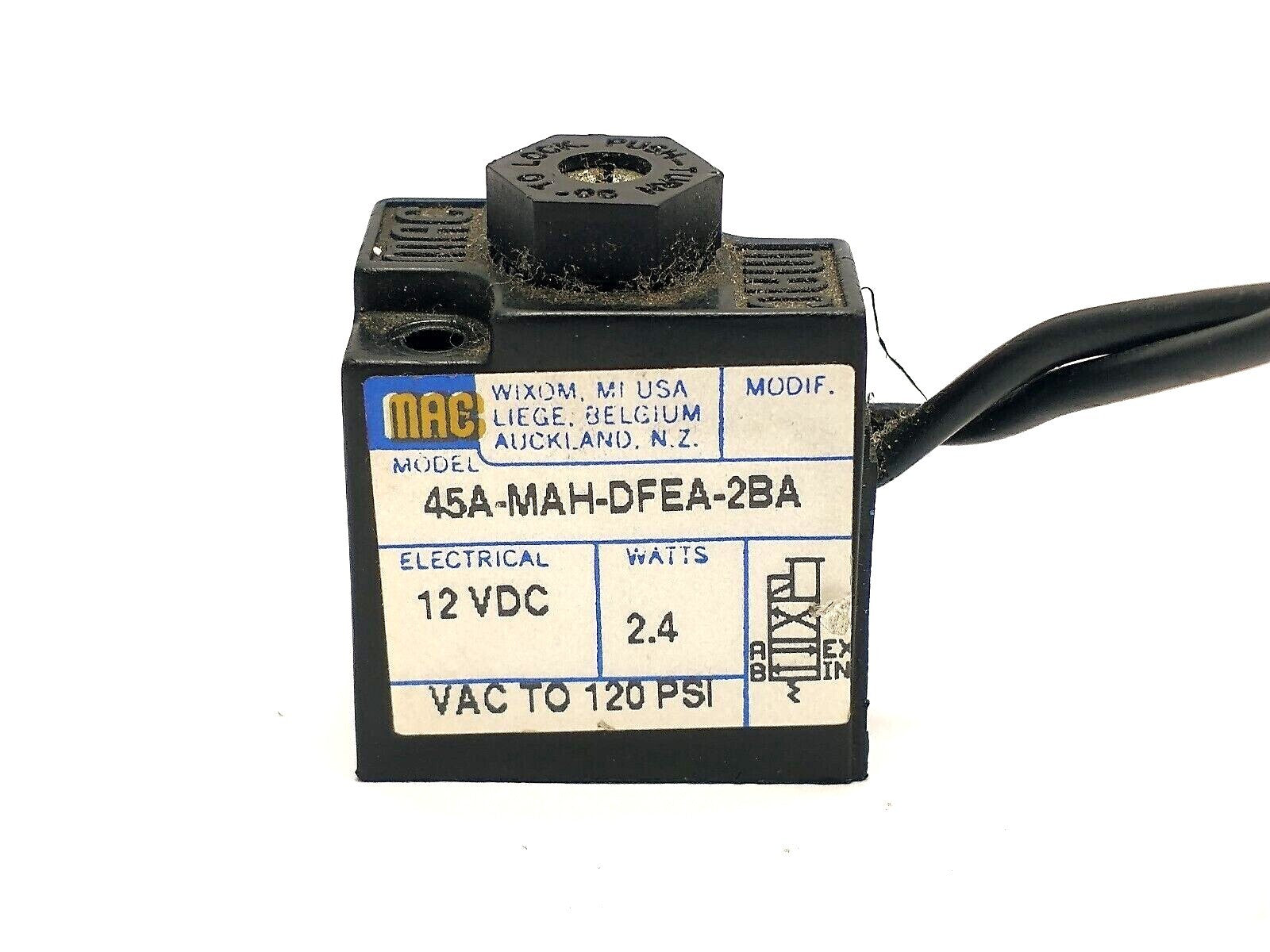 45A-MAH-DFEA-2BA | MAC Valves Manual Operator Solenoid Coil 12VDC 2.4W - Used - Maverick Industrial Sales
