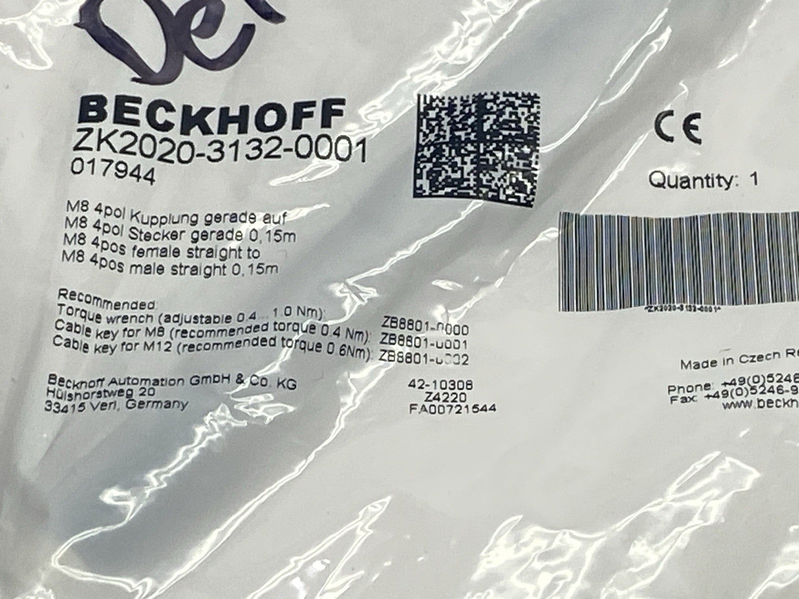 Beckhoff ZK2020-3132-0001 Power Cable M/F M8 4-Pin 0.15M 017944 - Maverick Industrial Sales