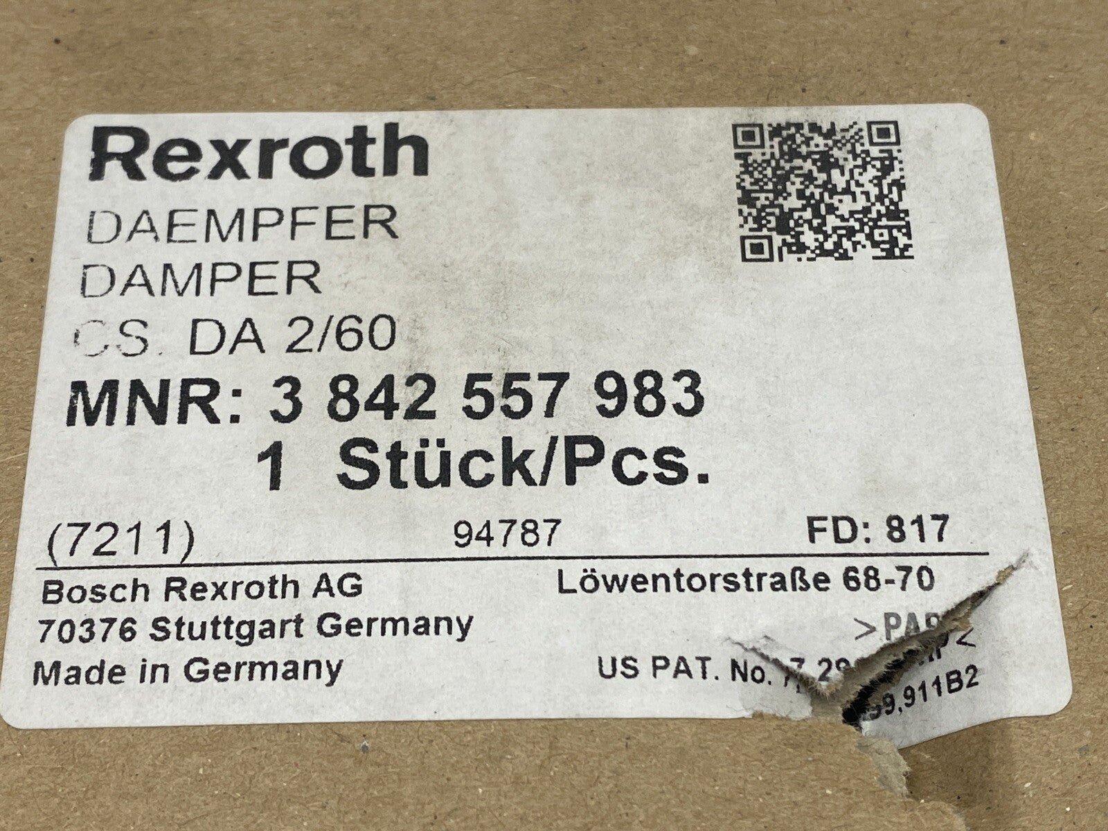 3842557983 | Bosch Rexroth Damper Unit Pneumatic, CS: DA 2/60 - New – Open box - Maverick Industrial Sales