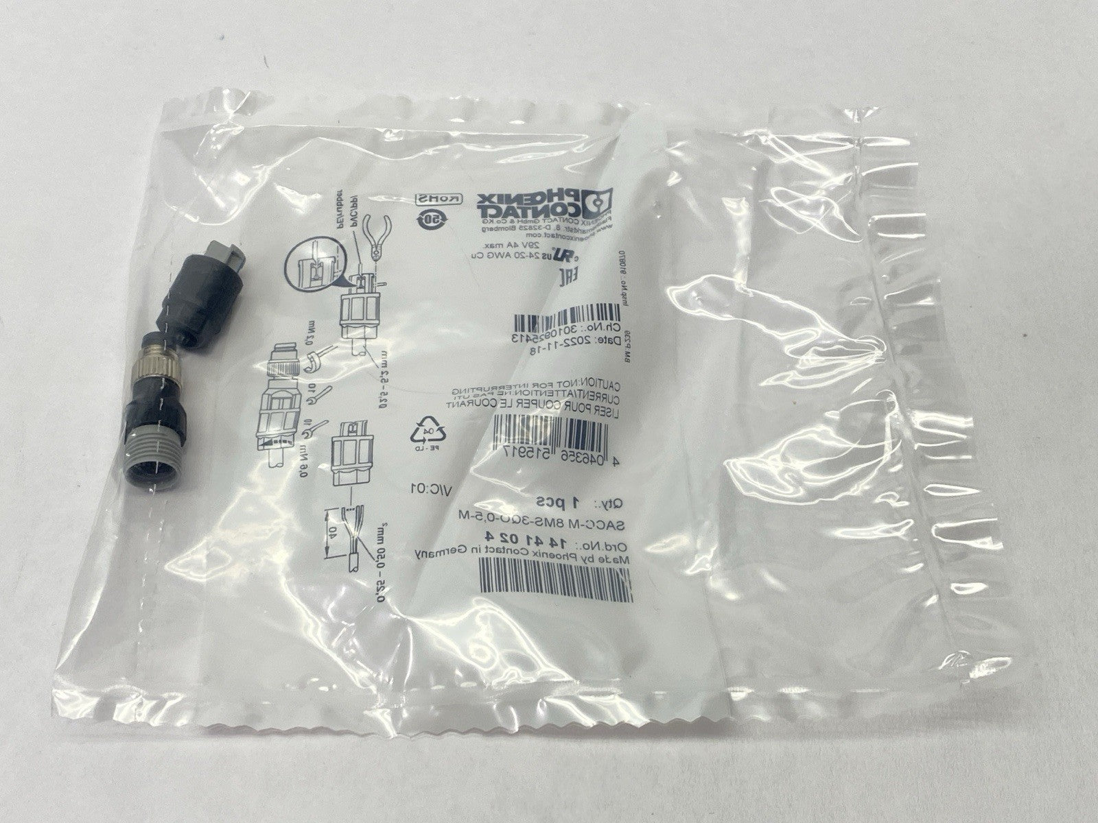 Phoenix Contact SACC-M 8MS-3QO-0,5-M Connector Male M8 3-Pin A-Code 1441024 - Maverick Industrial Sales