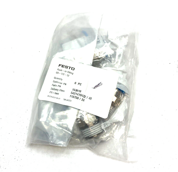 Festo QS-1/2-12 Push-In Fitting Male Thread 12mm OD Tube 153010 PKG OF 6 - Maverick Industrial Sales