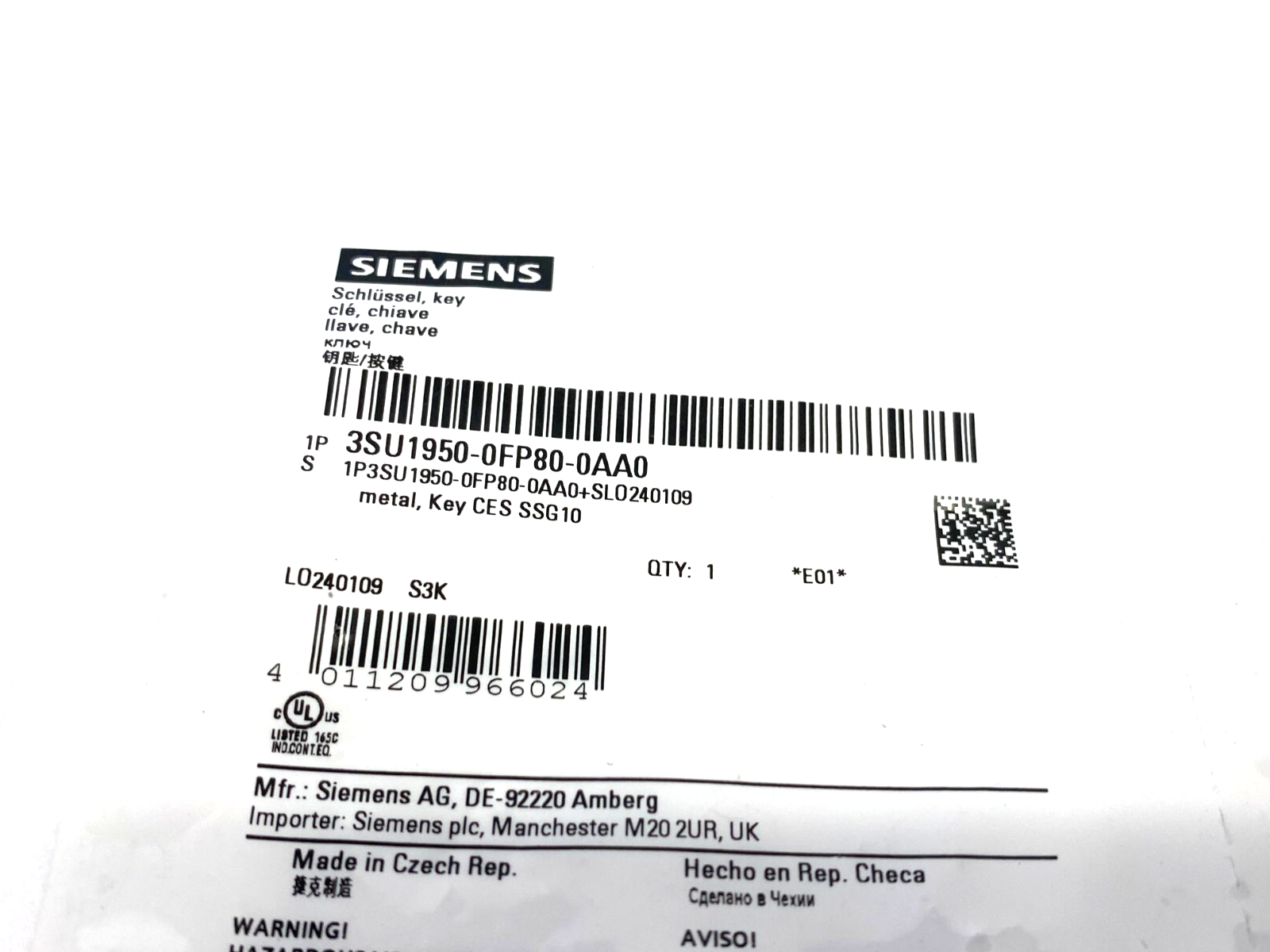 Siemens 3SU1950-0FP80-0AA0 Metal Key CES SSG10 LOT OF 2 - Maverick Industrial Sales