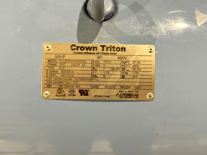 Crown Triton HLS326SR209RYUL Electric Motor, 50HP, 480V, 326T, 1780RPM, HLP - Maverick Industrial Sales