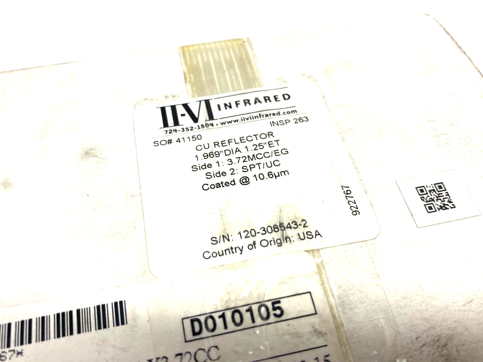 II-VI Infrared 922767 CU Reflector 1.969" Dia. 1.25" ET 3.72MCC/EG, SPT/UC - Maverick Industrial Sales