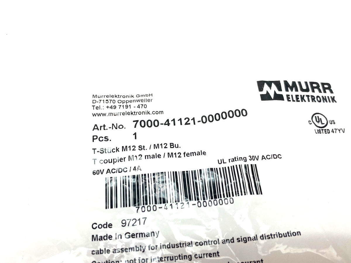 7000-41121-0000000 | Murrelektronik T-Coupler M12 male to 2x M12 female A-cod. - New - Maverick Industrial Sales
