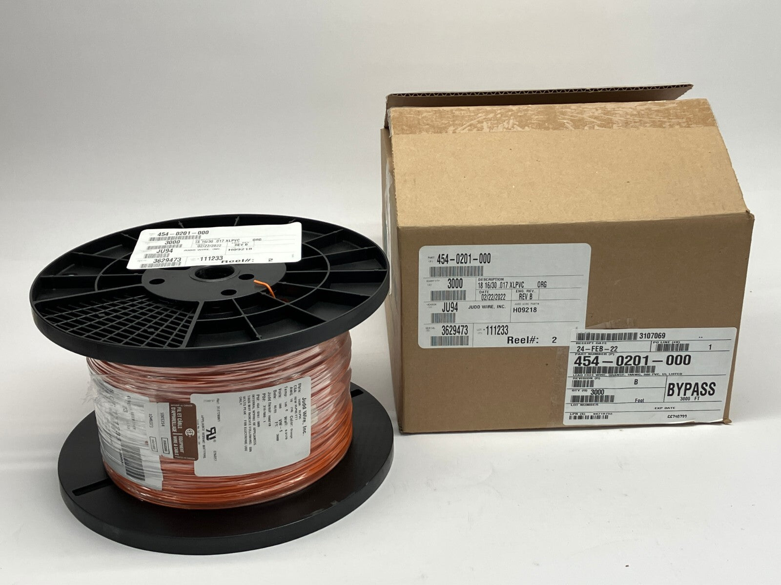 Judd Wire 18 AWG Wire, Orange, Style 1430, XLPVC 300V, 454-0201-000, 3000' FT - Maverick Industrial Sales