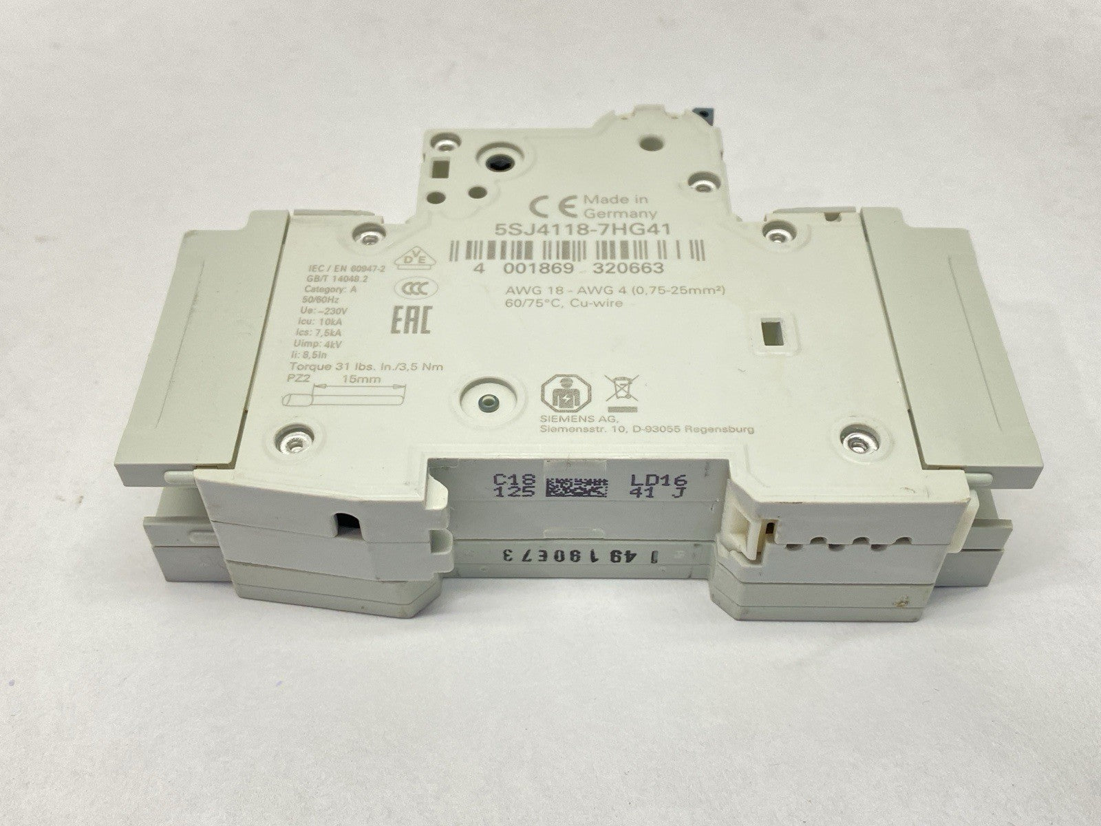 5SJ4118-7HG41 | Siemens Miniature Circuit Breaker 15A 240V w/ 5ST3010-0HG Switch - Used - Maverick Industrial Sales