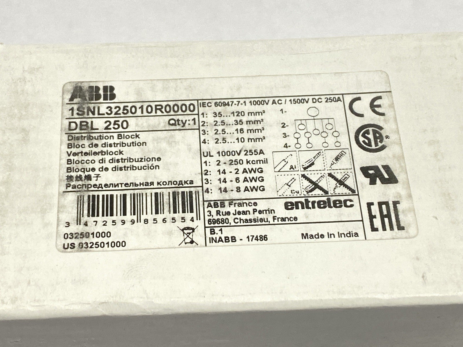 1SNL325010R0000 | ABB Entrelec Power Distribution Block 1P 250A 1000V - New Other - Maverick Industrial Sales
