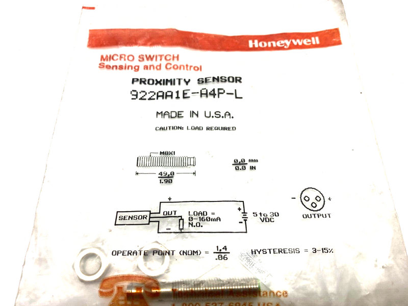 Honeywell 922AA1E-A4P-L Micro Switch Proximity Sensor M8 Barrel - Maverick Industrial Sales