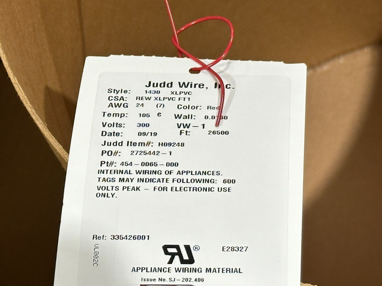 Judd Wire 454-0065-000 Wire Red Style 1430 24AWG 300V H09248 26,500ft Roll - Maverick Industrial Sales