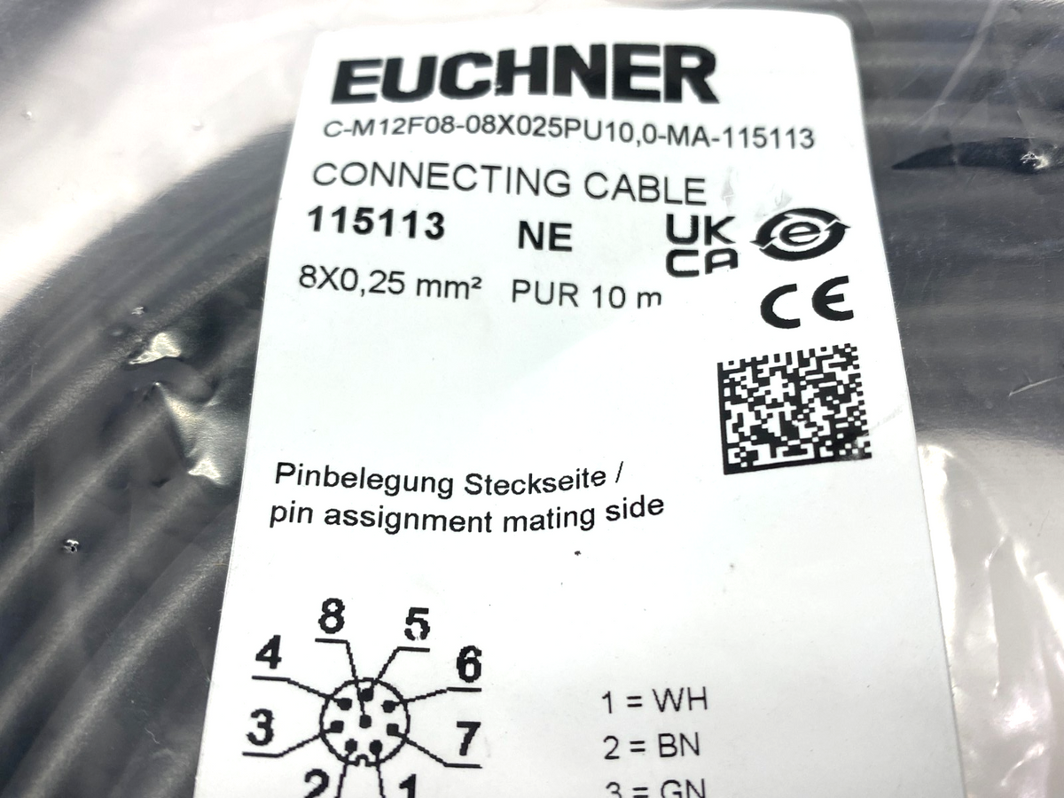 C-M12F08-08X025PU10,0-MA-115113 | Euchner Connector Cable 8-Pin M12 F 10m 115113 - New - Maverick Industrial Sales