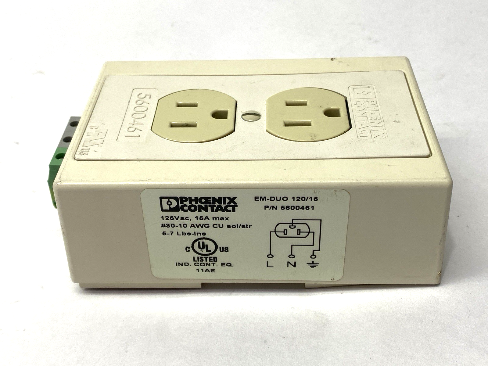 EM-DUO 120/15 | Phoenix Contact Dual Power Outlet DIN Rail Mounted 125VAC 5600461 - Used - Maverick Industrial Sales