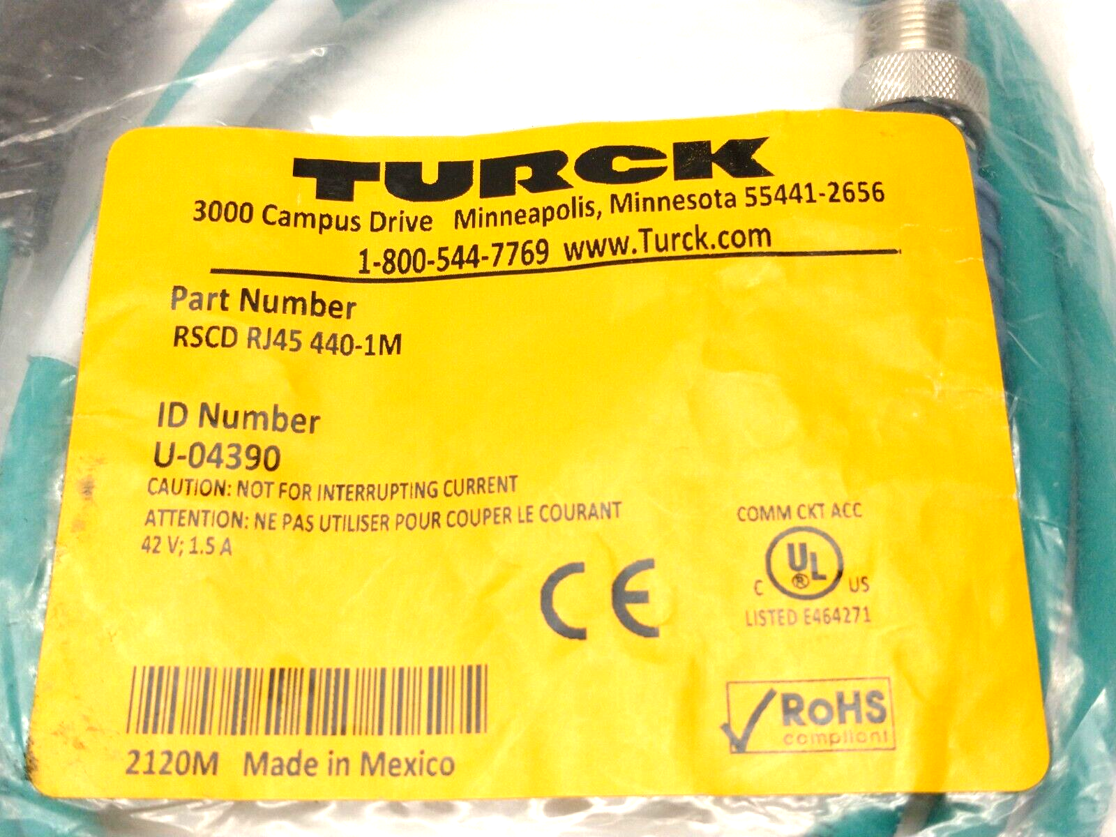 Turck RSCD RJ45 440-1M Ethernet Extension Cordset, M12 RJ45 1m, U-04390 - Maverick Industrial Sales