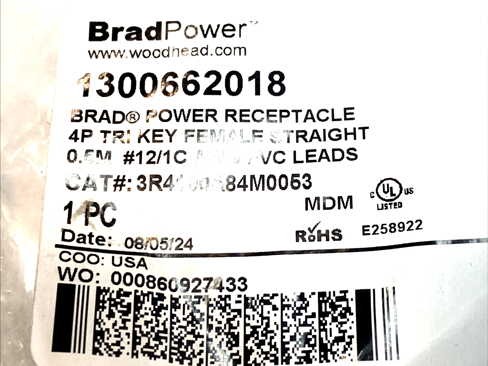 1300662018 | BradPower 4‑Pole C‑Size Power Cordset 0.5m PVC - New - Maverick Industrial Sales