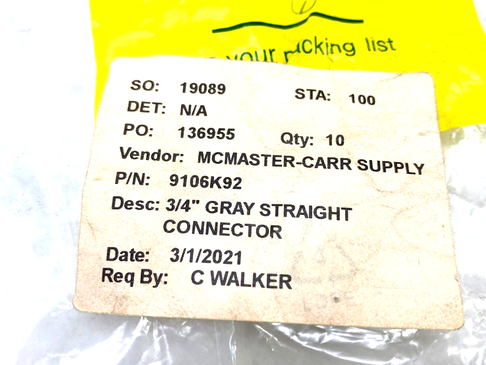 9106K92 Flexible Conduit Twist-In Male Connector 3/4" Gray Plastic LOT OF 10 - Maverick Industrial Sales