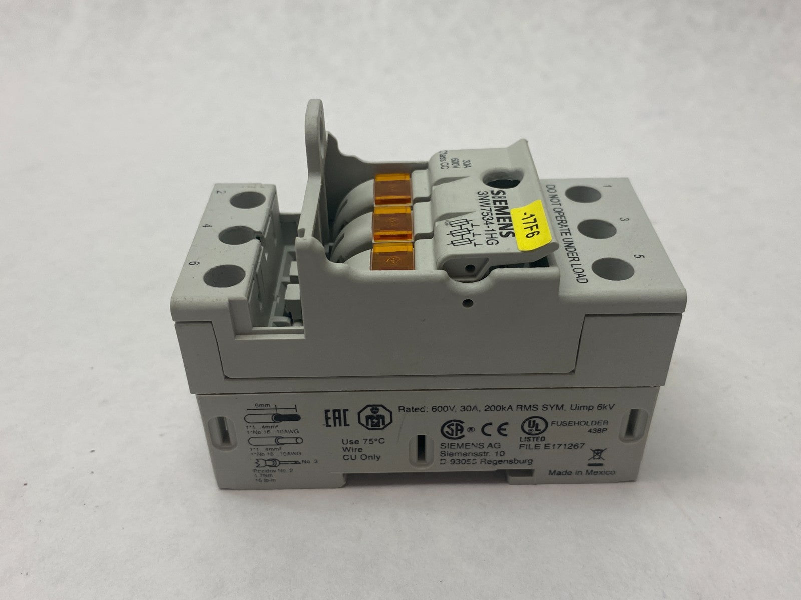 Siemens 3NW7534-1HG Fuse Holder Class CC 3-Pole MISSING TERMINAL COVER - Maverick Industrial Sales