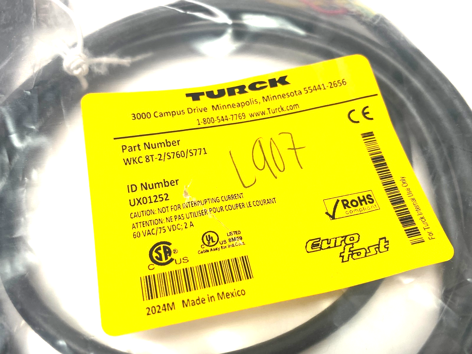 Turck WKC 8T-2/S760/S771 Eurofast Single Ended Cordset Angle M12 8-Pin UX01252 - Maverick Industrial Sales