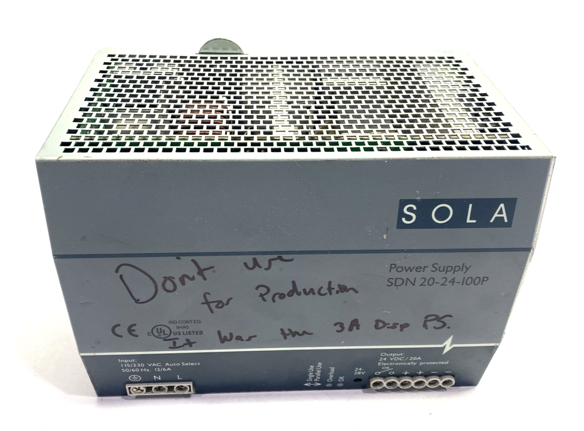 Sola SDN 20-24-100P Power Supply 115/230VAC 24VDC 10A - Maverick Industrial Sales