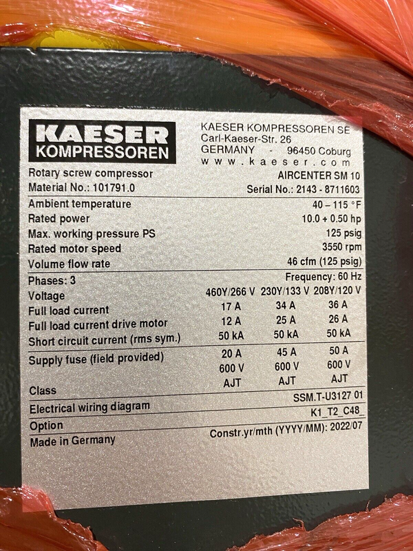 New Kaeser 101791.0 AIRCENTER SM 10 Rotary Screw Compressor 3PH