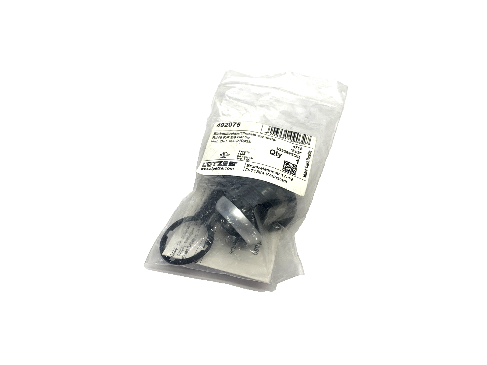 Lutze 492075 RJ45 Panel Mount Connector, M22 Thread, RJ45 F/F 8/8 Cat.5e - Maverick Industrial Sales