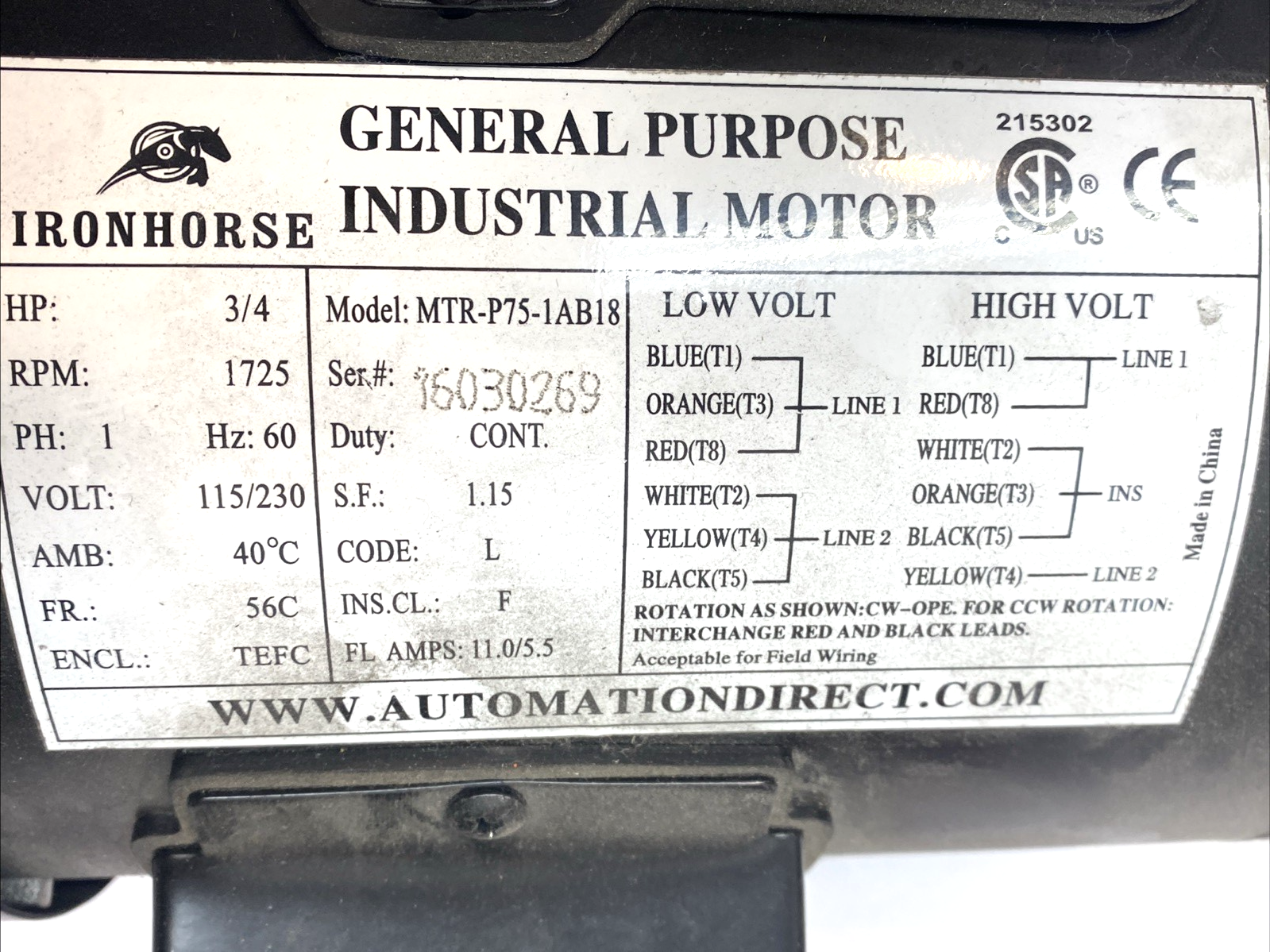 MTR-P75-1AB18 | IronHorse Motor 3/4HP w/ WG-175-020-D Worm Gearbox 20:1 - Used - Maverick Industrial Sales