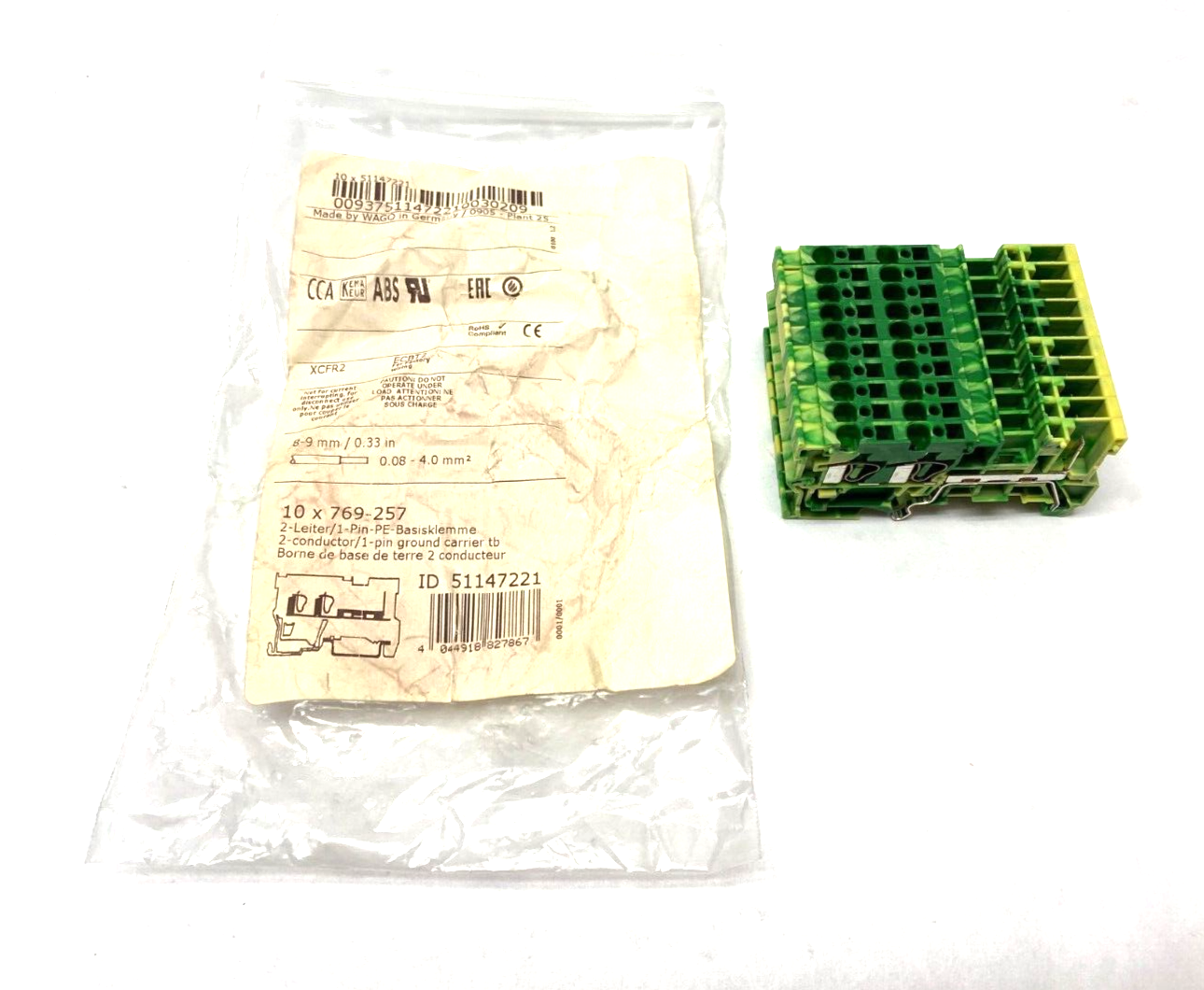 Wago 769-257 CAGE-CLAMP Ground Carrier Terminal Block 4mm 2-Cond/1-Pin PKG OF 10 - Maverick Industrial Sales