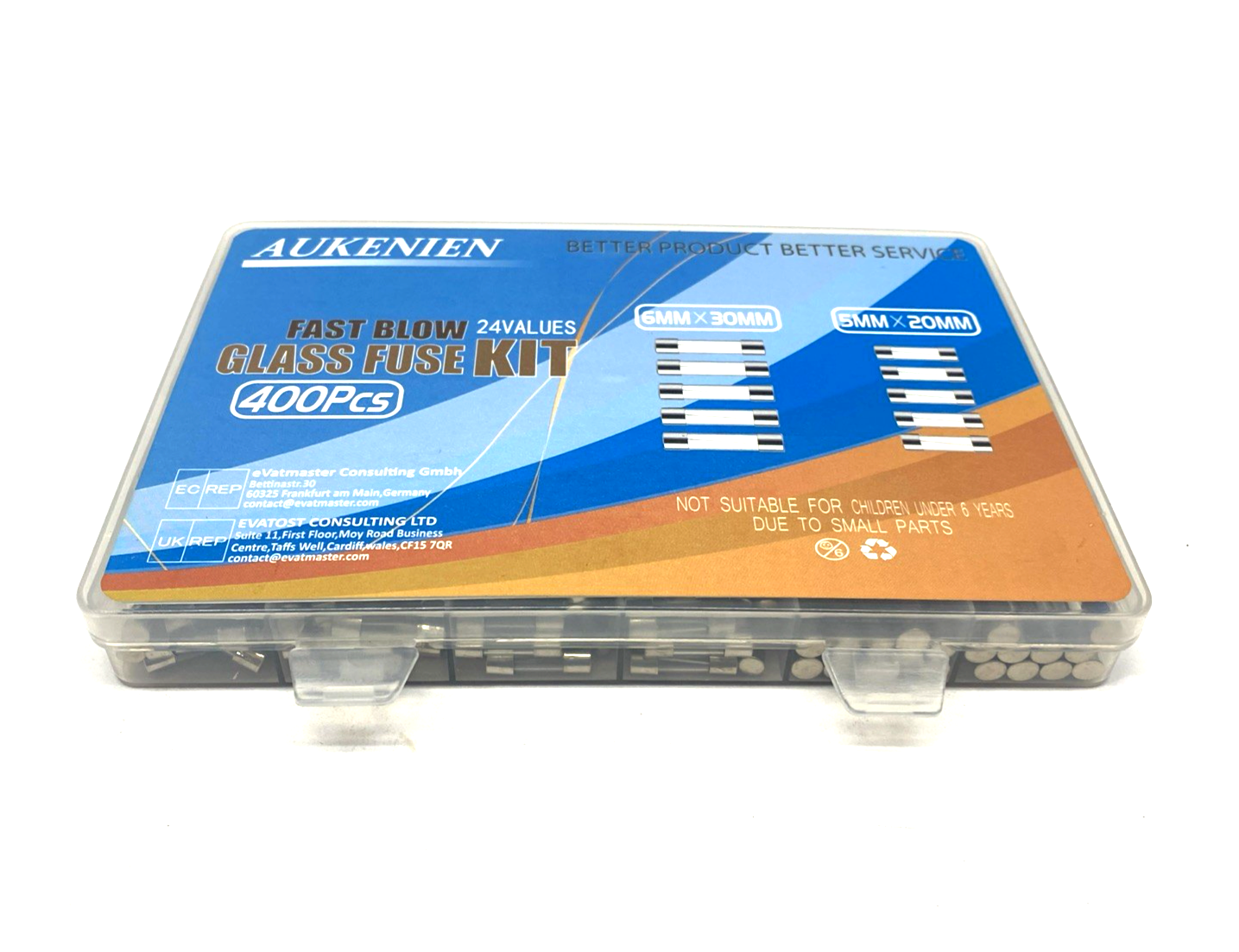 Aukenien 24 Values Fast Blow Glass Fuse Kit 6mm x 30mm & 5mm x 20mm 400 PCS KIT - Maverick Industrial Sales